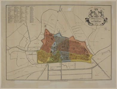 217075 Plattegrond van de stad Utrecht, met de verdeling van de acht wijken, aangegeven met verschillende kleuren. Zie ...